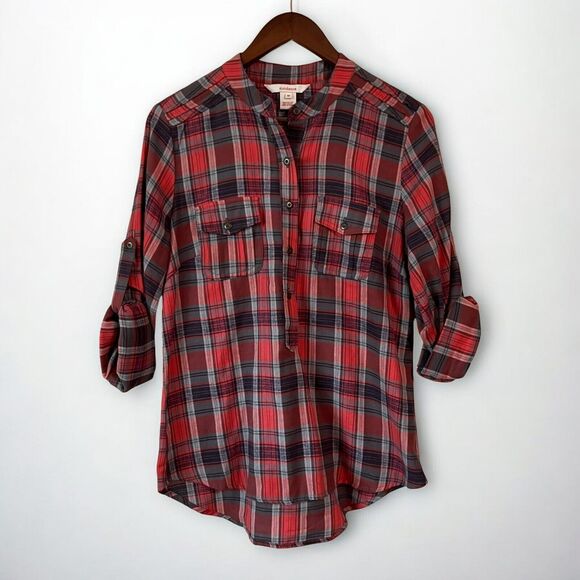 Sundance Red Plaid Flannel Long Sleeve Pull Over Half Button Women's Size Medium - Picture 10 of 10